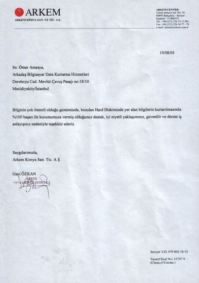 Arkem Kimya San. ve Tic. A.Ş. tarafından gönderilen referans mektubunun taranmış görüntüsü