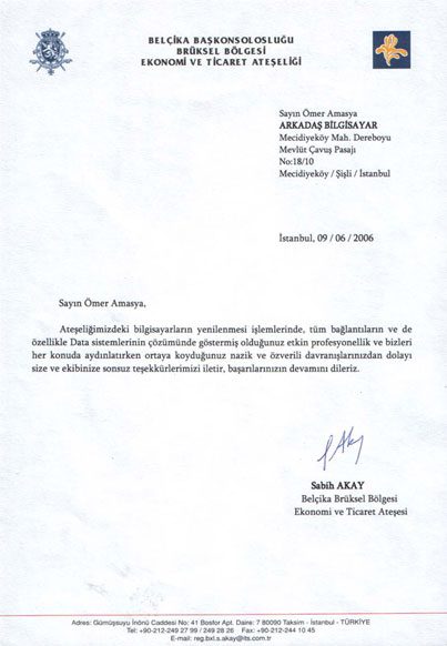 Belçika Başkonsolosluğu Brüksel Bölgesi Ekonomi ve Ticaret Ateşeliği tarafından gönderilen referans mektubunun taranmış görüntüsü