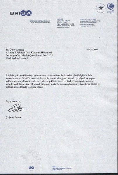 Brisa Lastik Sanayi ve Tic. A.Ş. tarafından gönderilen referans mektubunun taranmış görüntüsü