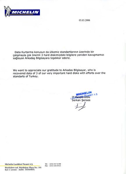 Michelin tarafından gönderilen referans mektubunun taranmış görüntüsü