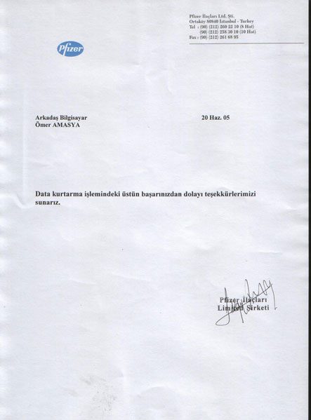 Pfizer İlaçları Ltd. Şti. tarafından gönderilen referans mektubunun taranmış görüntüsü