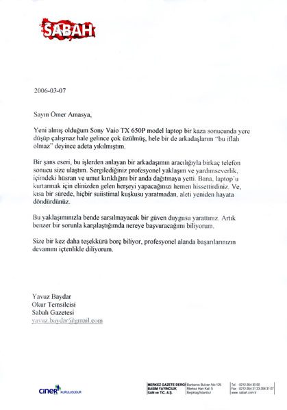 Sabah Gazetesi tarafından gönderilen referans mektubunun taranmış görüntüsü