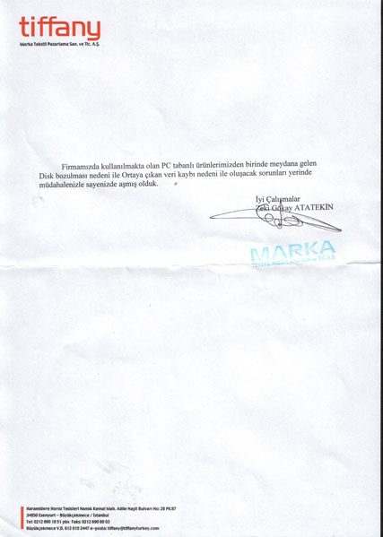 Tiffany Marka Tekstil Paz. San. ve Tic. A.Ş. tarafından gönderilen referans mektubunun taranmış görüntüsü