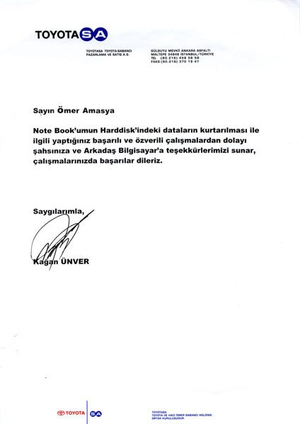 TOYOTA-SABANCI Pazarlama ve Satış A.Ş. tarafından gönderilen referans mektubunun taranmış görüntüsü