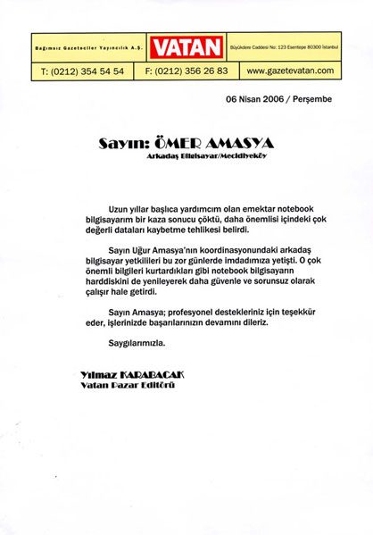 Vatan Gazetesi tarafından gönderilen referans mektubunun taranmış görüntüsü